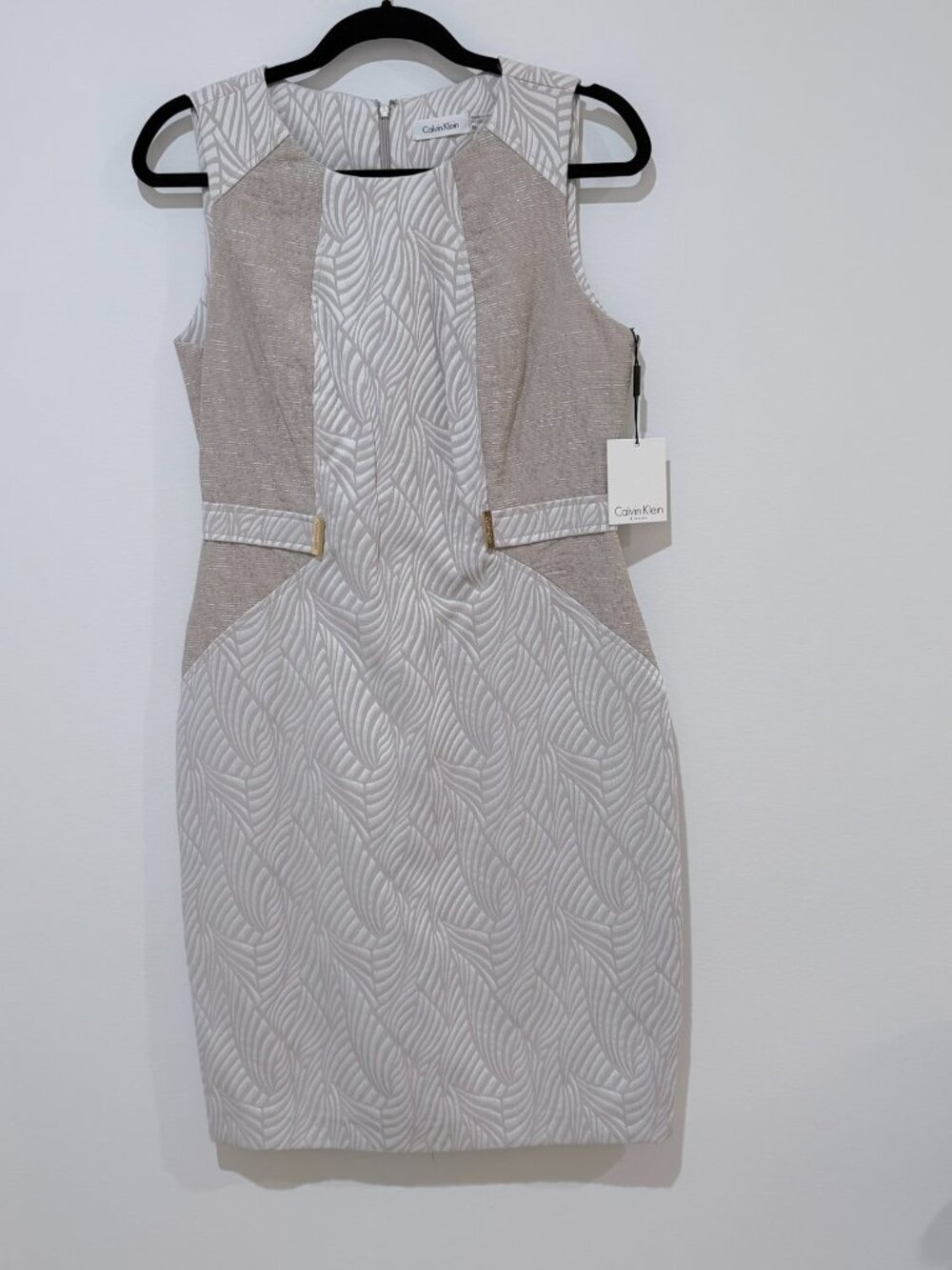 NWT CALVIN KLEIN Mixed-Media Jacquard Sheath Dress Neutral Tan Cream. Size 10